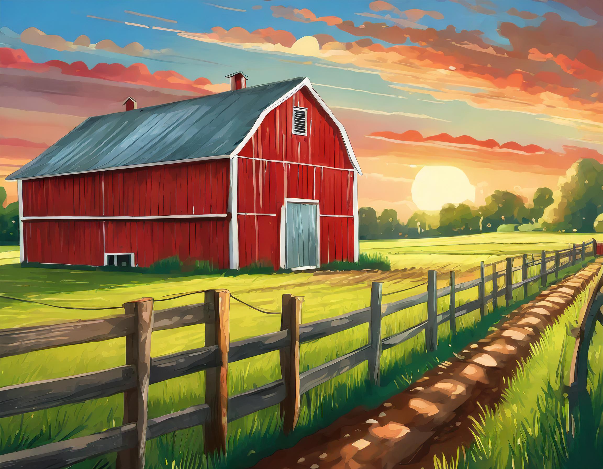 The photograph captures a picturesque scene of a quintessential American red barn nestled amidst a rural landscape. Standing proudly against a backdrop of lush green fields and vibrant trees, the barn exudes a timeless charm. Its weathered wooden exterior, painted in a classic shade of rustic red, reflects the rich agricultural heritage of the countryside. The barn's architecture is simple yet elegant, featuring a gabled roof with a slight overhang and a traditional gambrel design. A pair of large wooden doors, painted in the same red hue as the rest of the structure, are closed shut, hinting at the valuable treasures stored within. As the sunlight gently bathes the scene, shadows play across the barn's surface, accentuating its texture and adding depth to the image. The play of light and shadow highlights the craftsmanship of the barn's construction, showcasing the intricate details of its wooden siding and sturdy support beams. Surrounding the barn, the landscape stretches out in all directions, with rolling hills and meadows extending to the horizon. In the distance, a cluster of trees rises against the sky, their leaves shimmering in the sunlight. Overall, the photograph captures the timeless beauty and pastoral serenity of rural life, inviting viewers to immerse themselves in the idyllic charm of the countryside.